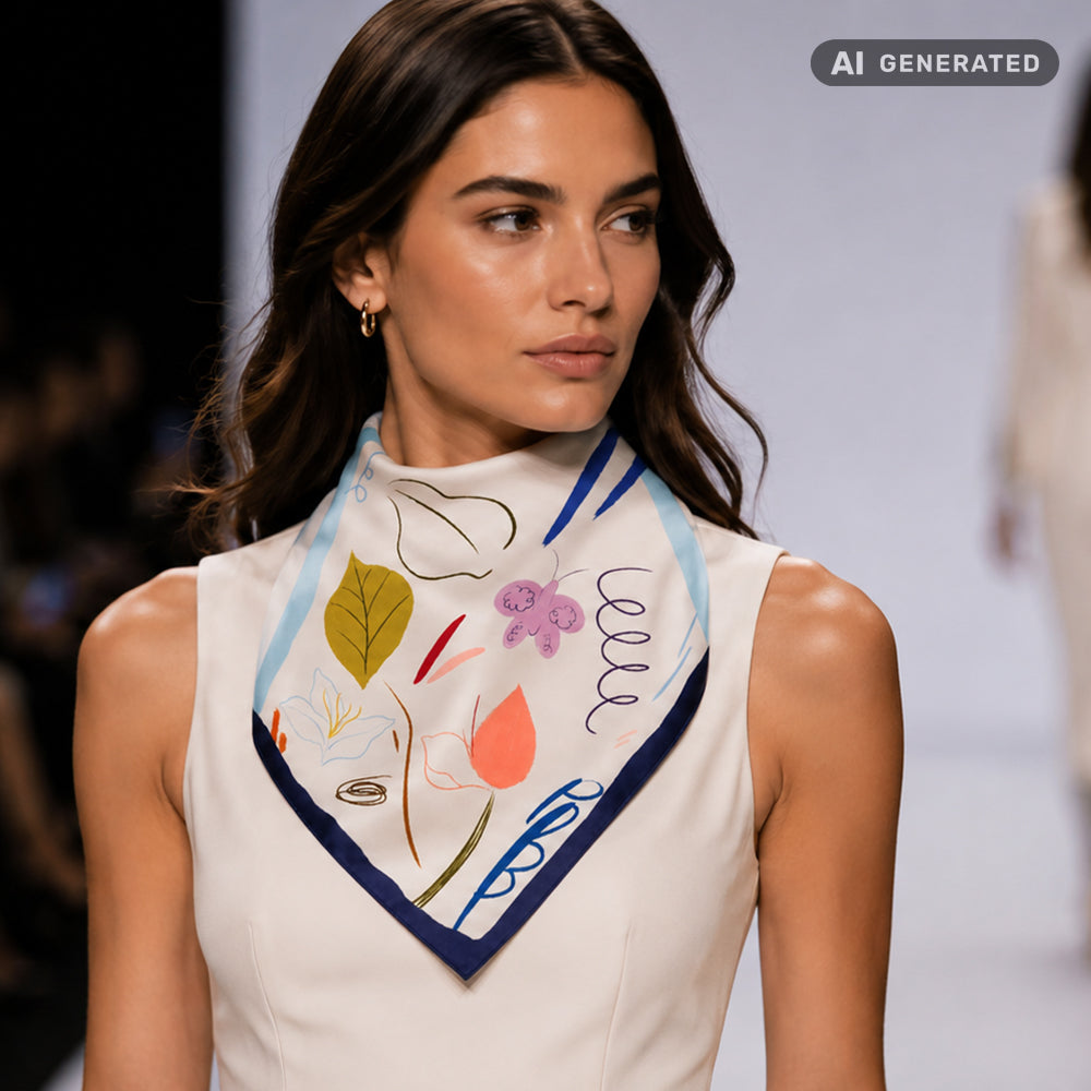 Playful Bloom Scarf, Turquoise, 90 cm x 90 cm, 100% Silk 1 
