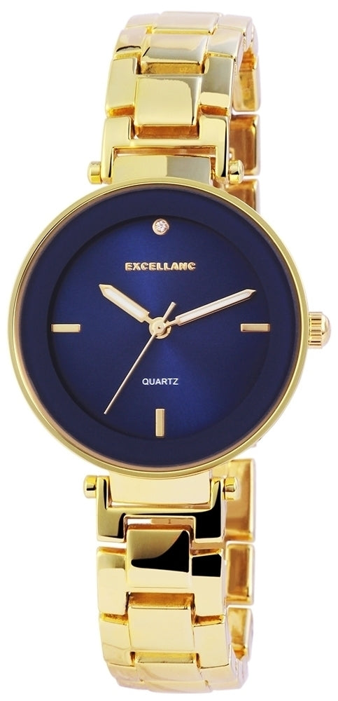 Excellanc Damenarmbanduhr mit Metallband, goldfarbig, hochwertiges Quarzwerk, blaues Zifferblatt