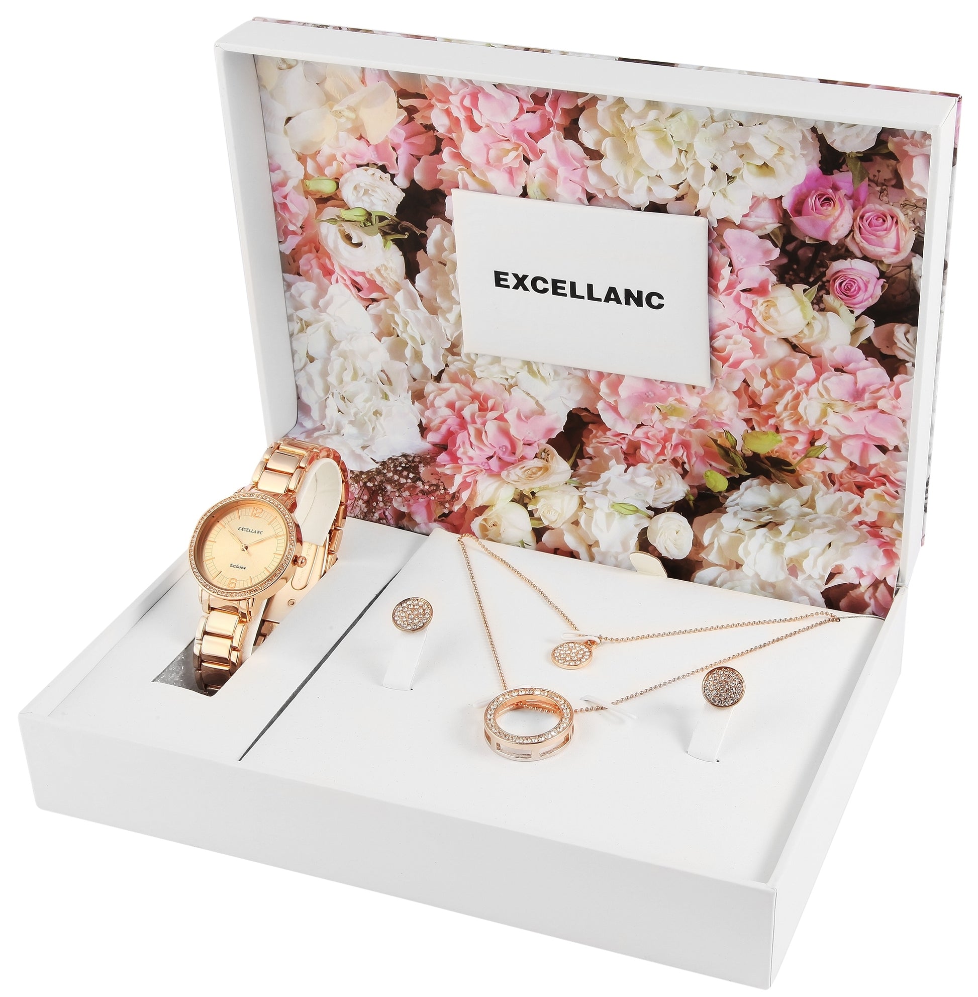 Excellanc Armbanduhrset: Damenarmbanduhr, Halskette und 1 Paar Ohrringe, rosegoldfarbig plattiert, mit ausgezeichnetem Quarzwerk  und rosegoldfarbenem Zifferblatt 1 