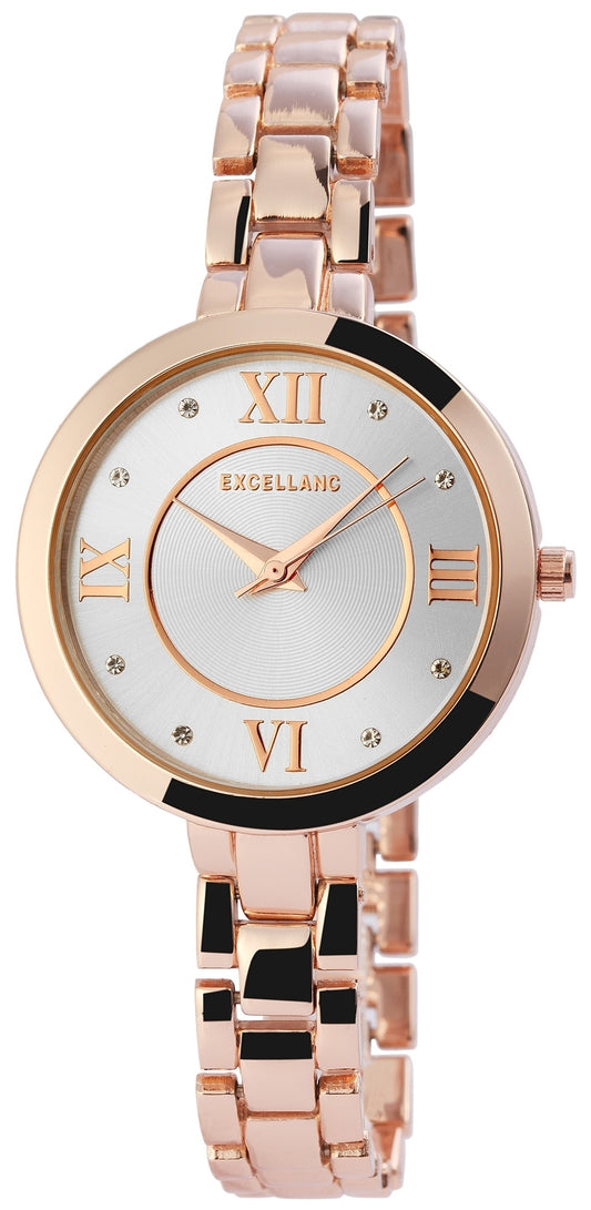 Excellanc Damenarmbanduhr, rosegoldfarbig, japanisches Quarzwerk, silberfarbenes Zifferblatt