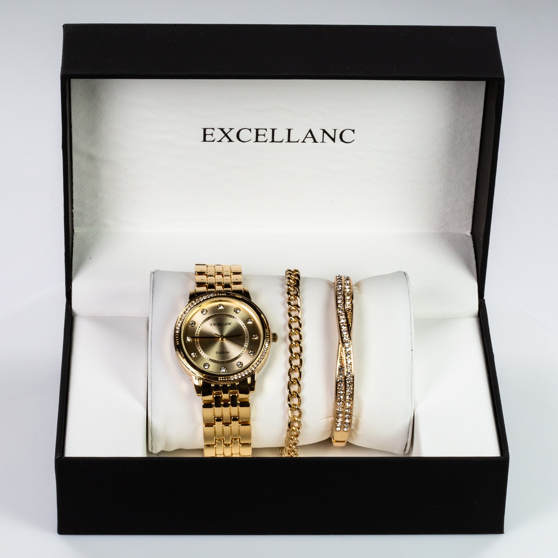 Goldplattiertes Set mit weißem Emporia® Kristall (Armbanduhr + 2 Armbänder) 1 