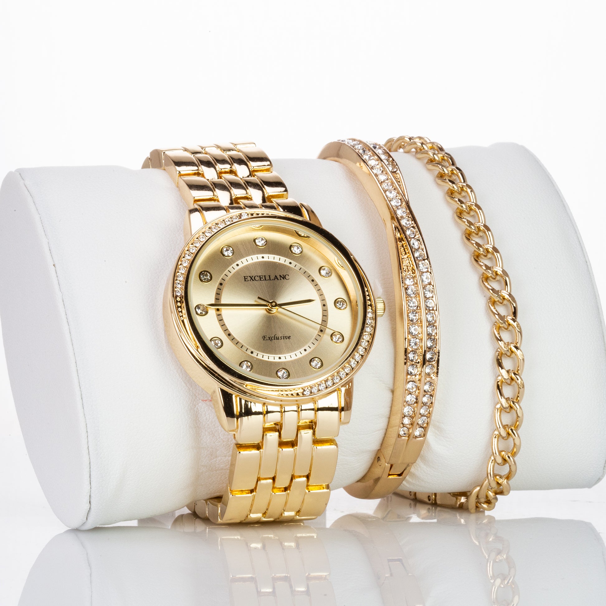 Goldplattiertes Set mit weißem Emporia® Kristall (Armbanduhr + 2 Armbänder) 6 