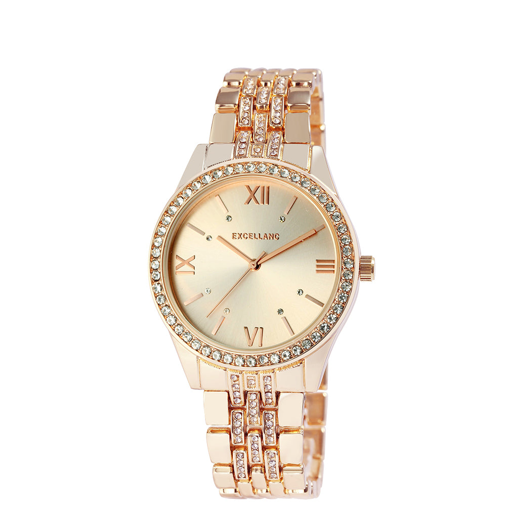 Excellanc roségoldfarbene Damenuhr mit Metallarmband, Faltschließe und Kristallen 1 