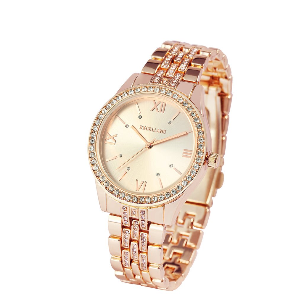 Excellanc roségoldfarbene Damenuhr mit Metallarmband, Faltschließe und Kristallen 4 