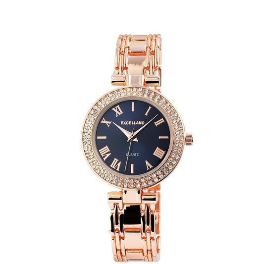 Excellanc roségoldfarbene Damenuhr mit Metallarmband und schwarzem Zifferblatt