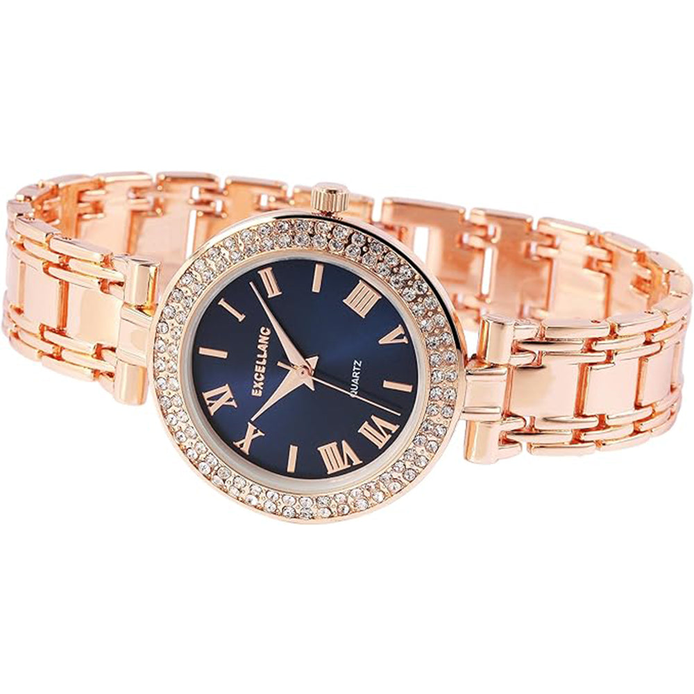Excellanc roségoldfarbene Damenuhr mit Metallarmband und schwarzem Zifferblatt