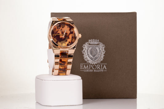 ROSE GOLD, woman alloy watch with tiger stripes, and roman numerals dial with Gift box, 19 cm