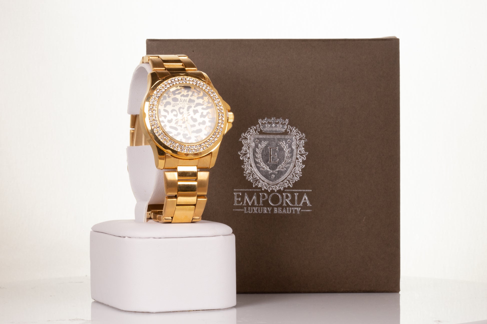 YELLOW GOLD, woman alloy AW watch with leopard dial, and quartz crystals with Gift box, 20 cm 1 