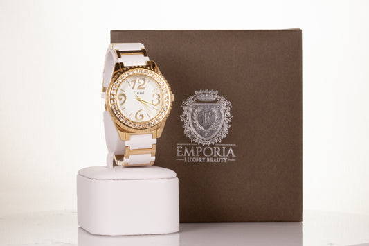 YELLOW GOLD and white strap woman alloy CUSSI watch with quartz crystals around the dial with Gift box