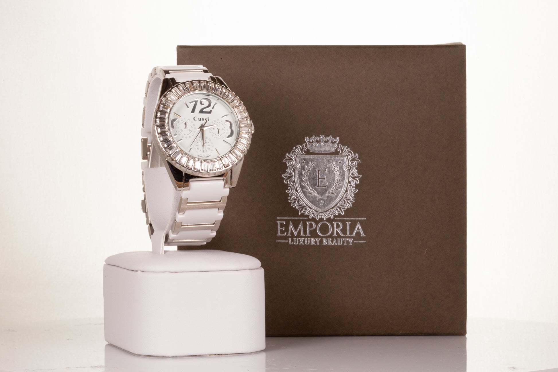 SILVER and white strap woman alloy CUSSI watch with quartz crystals around the dial with Gift box, 17 cm 1 