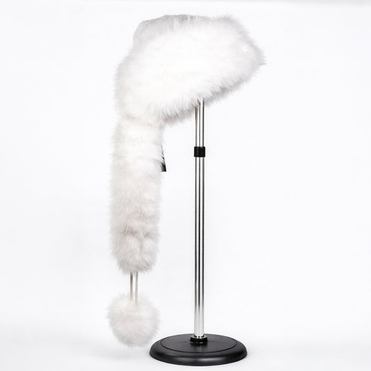 Weiße Wintermütze aus Kunstfell mit Schal – Einheitsgröße