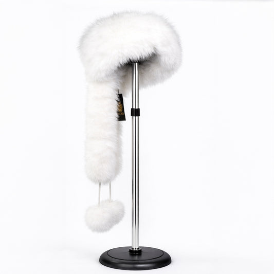 Weiße Wintermütze aus Kunstfell mit Schal – Einheitsgröße