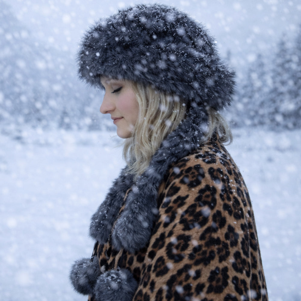 Silberfarbene Wintermütze aus Kunstfell mit Schal – Einheitsgröße