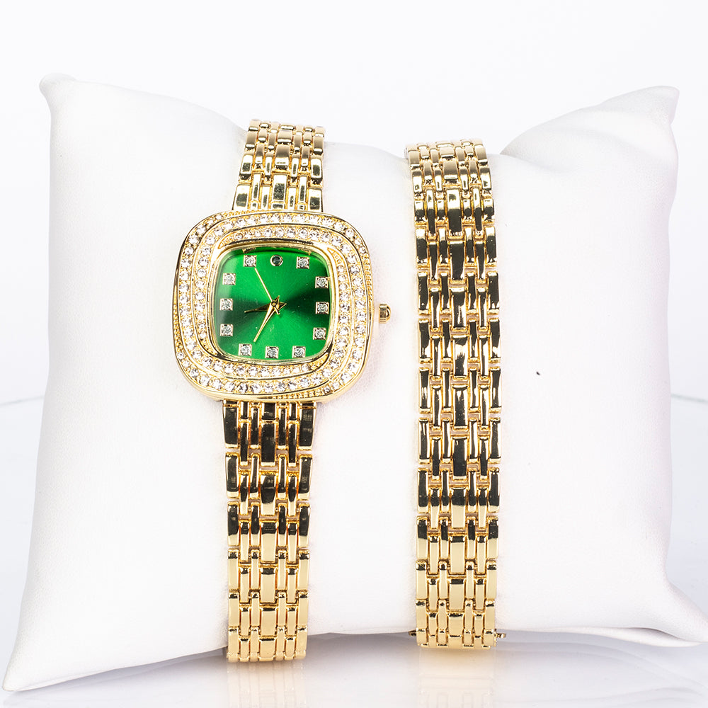 Uhr aus goldplattierter Legierung mit Smaragd und weißem Emporia® Kristall 2 