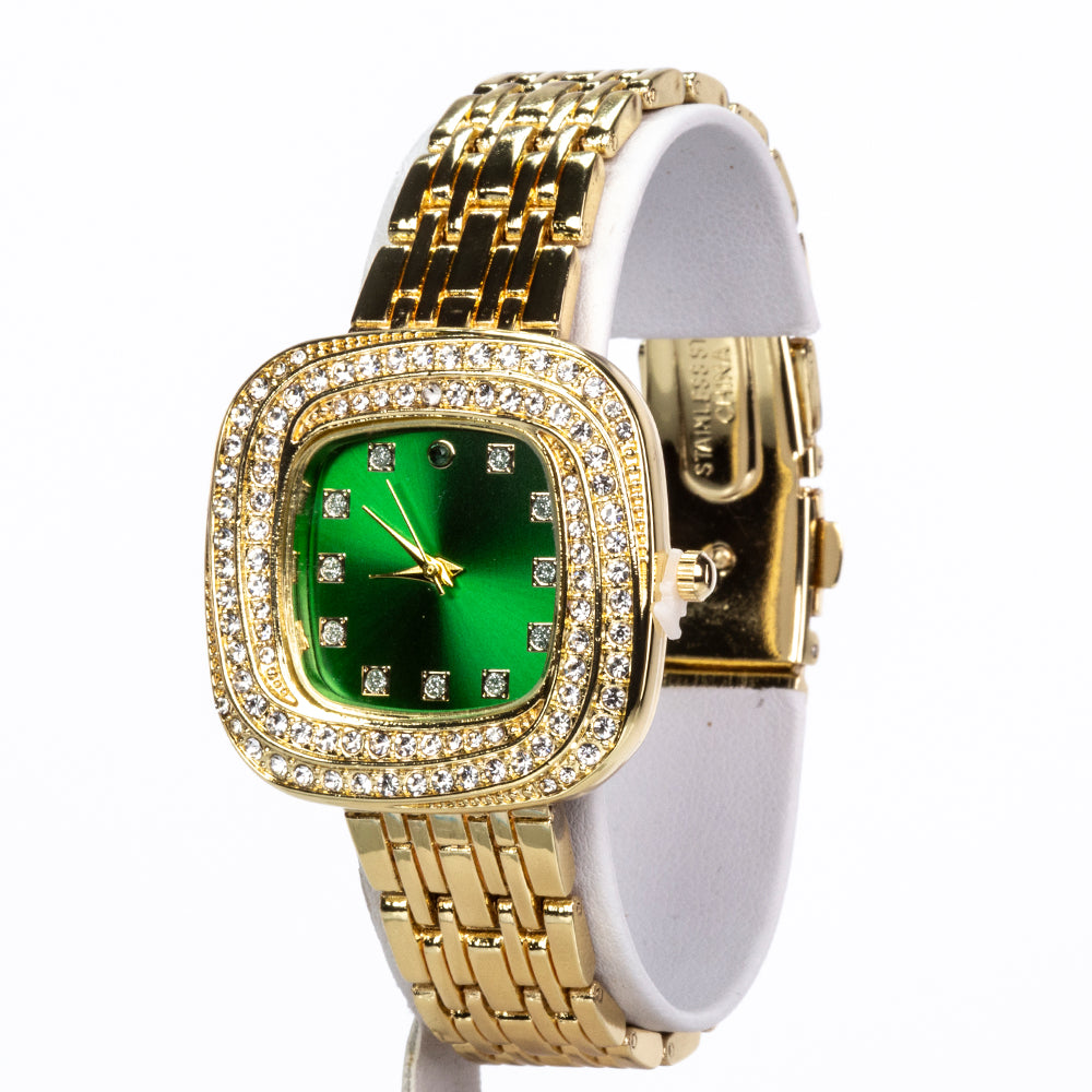 Uhr aus goldplattierter Legierung mit Smaragd und weißem Emporia® Kristall