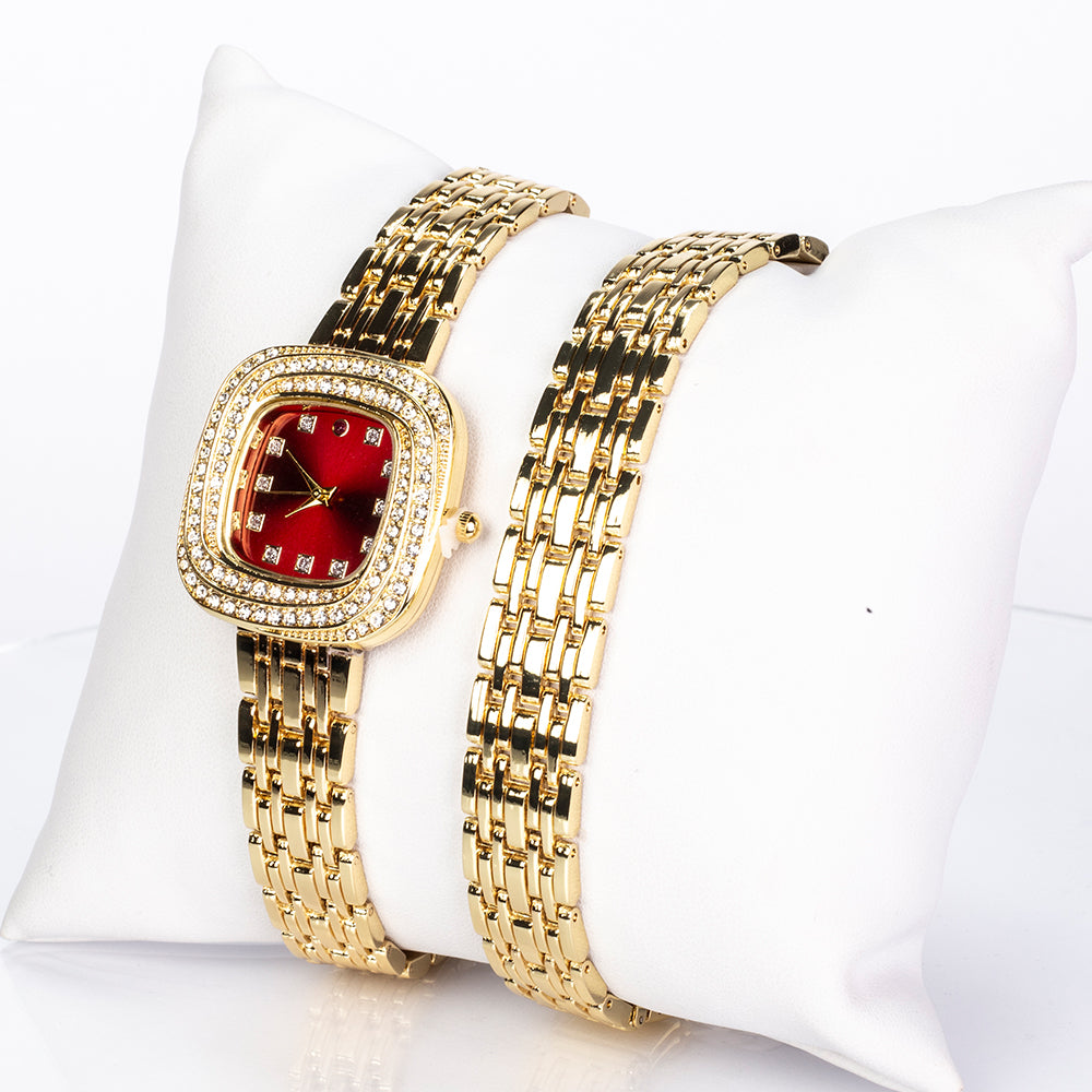 Uhr aus goldplattierter Legierung mit Rubin und weißem Emporia® Kristall