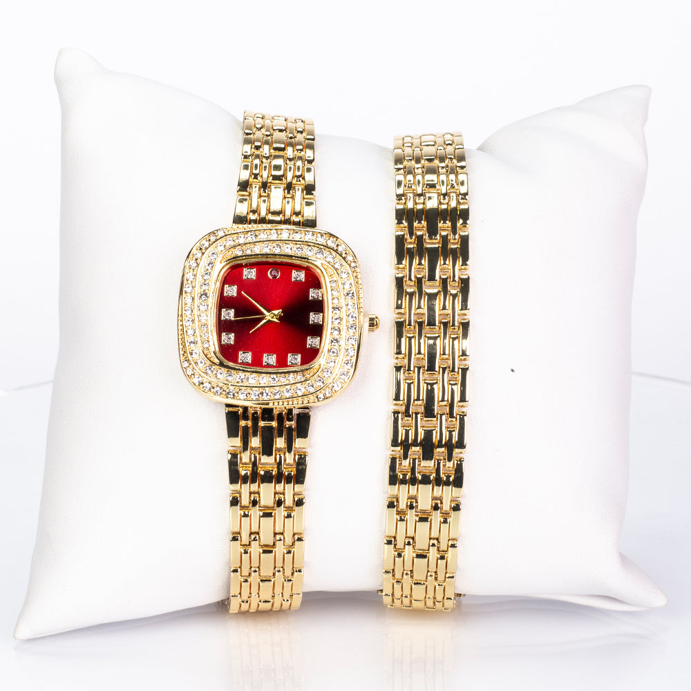 Uhr aus goldplattierter Legierung mit Rubin und weißem Emporia® Kristall