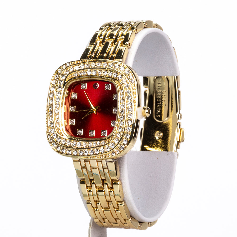 Uhr aus goldplattierter Legierung mit Rubin und weißem Emporia® Kristall