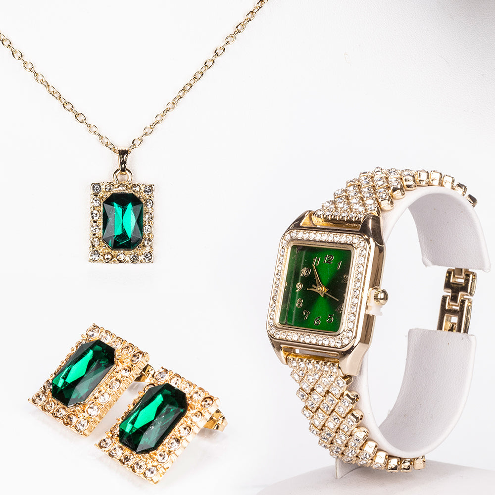 Uhr aus goldplattierter Legierung mit grünem Emporia® Kristall und weißem Emporia® Kristall