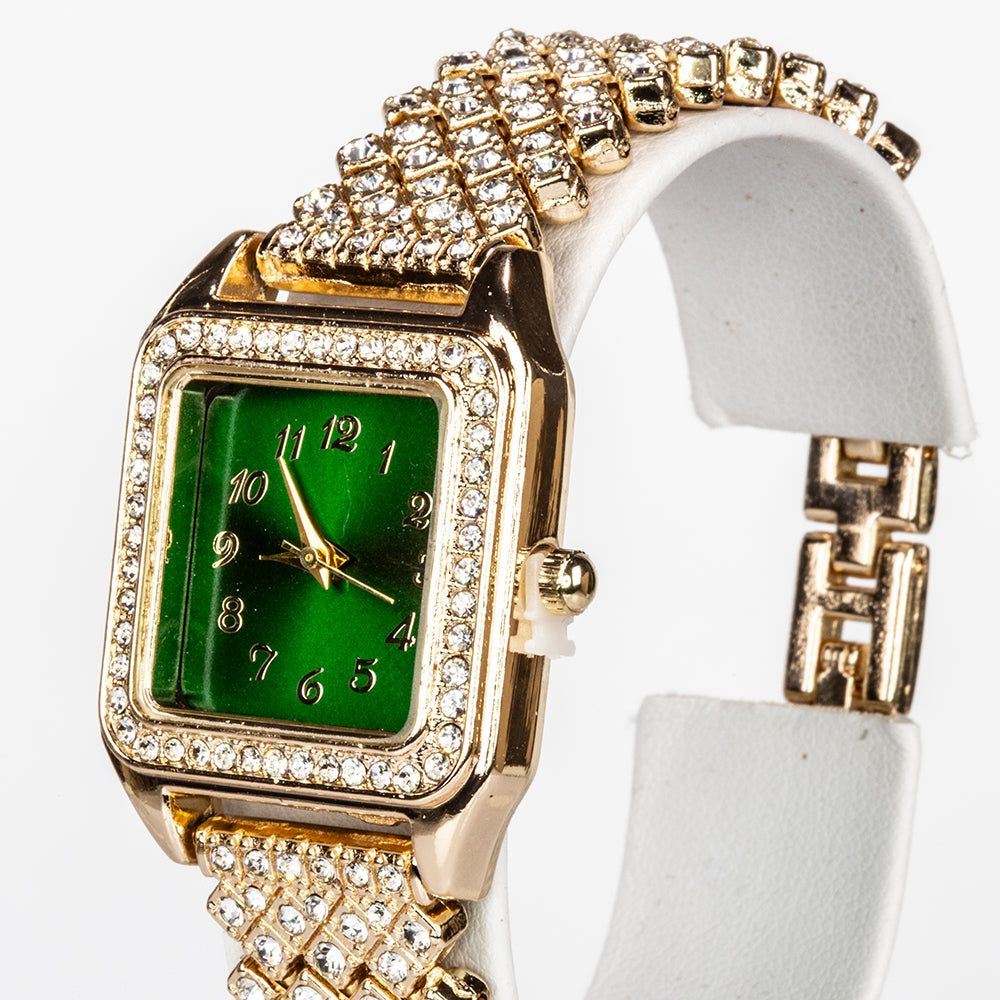 Uhr aus goldplattierter Legierung mit grünem Emporia® Kristall und weißem Emporia® Kristall 6 