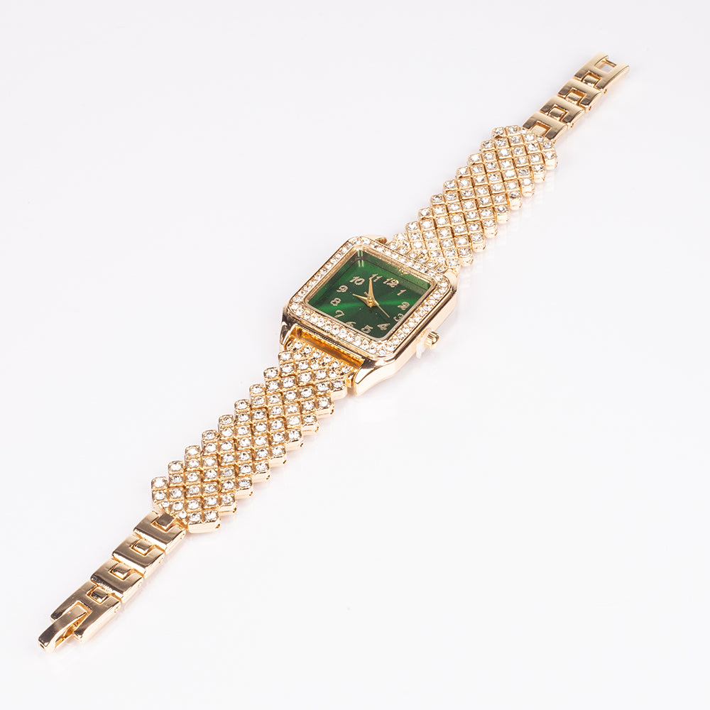 Uhr aus goldplattierter Legierung mit grünem Emporia® Kristall und weißem Emporia® Kristall 8 