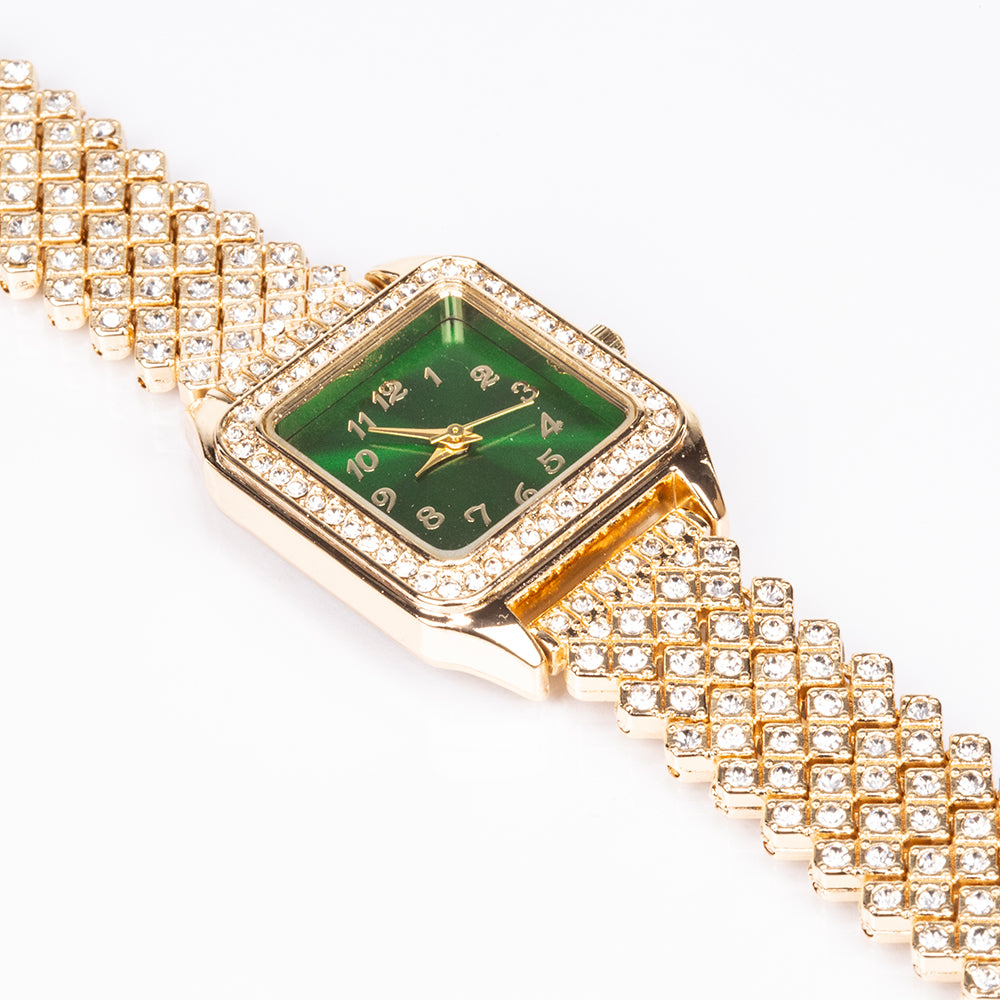 Uhr aus goldplattierter Legierung mit grünem Emporia® Kristall und weißem Emporia® Kristall 9 