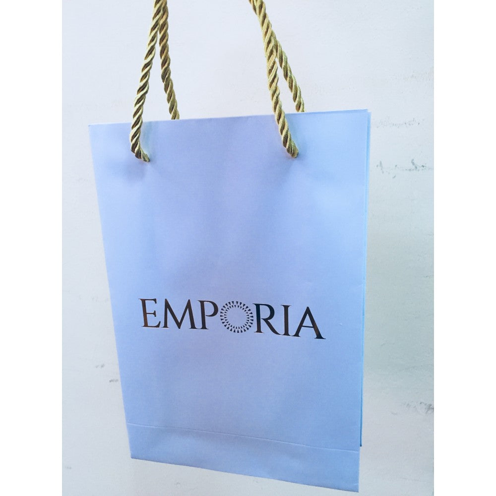 Weiße, elegante Papiertüte mit Emporia-Logo, 22x15x6 cm