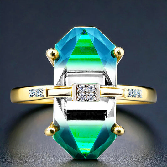 Goldplattierter Silberring mit grünem Onyx und weißem Diamant
