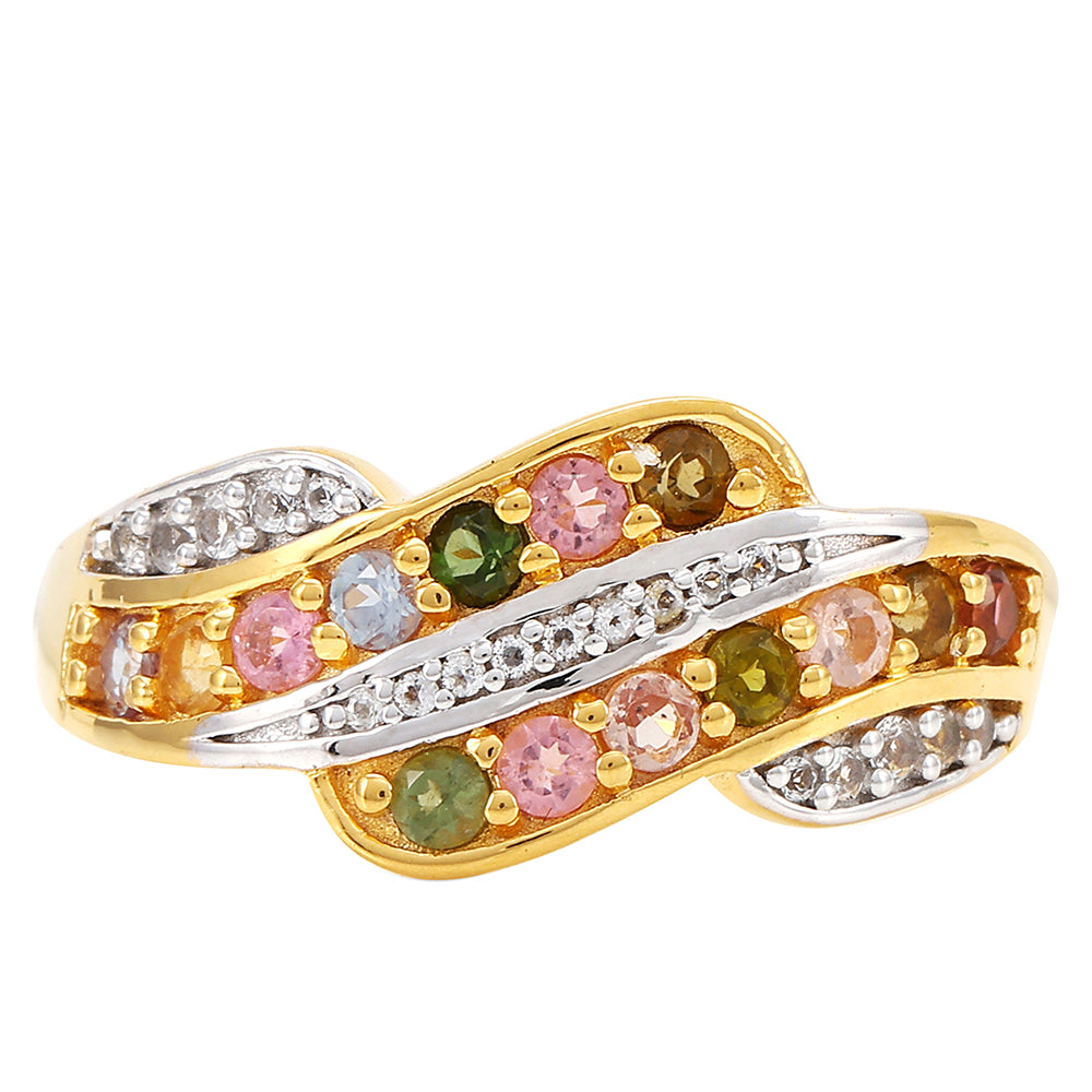 Goldplattierter Silberring mit regenbogenfarbenem Turmalin aus Pelmadulla und weißem Topas 1 