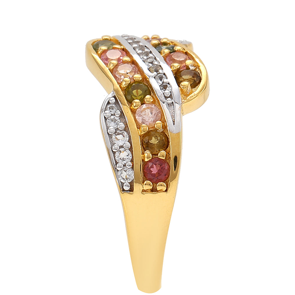 Goldplattierter Silberring mit regenbogenfarbenem Turmalin aus Pelmadulla und weißem Topas 3 