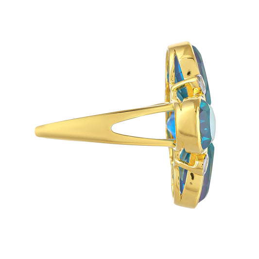 Goldplattierter Silberring mit Pfauenquarz und weißem Topas