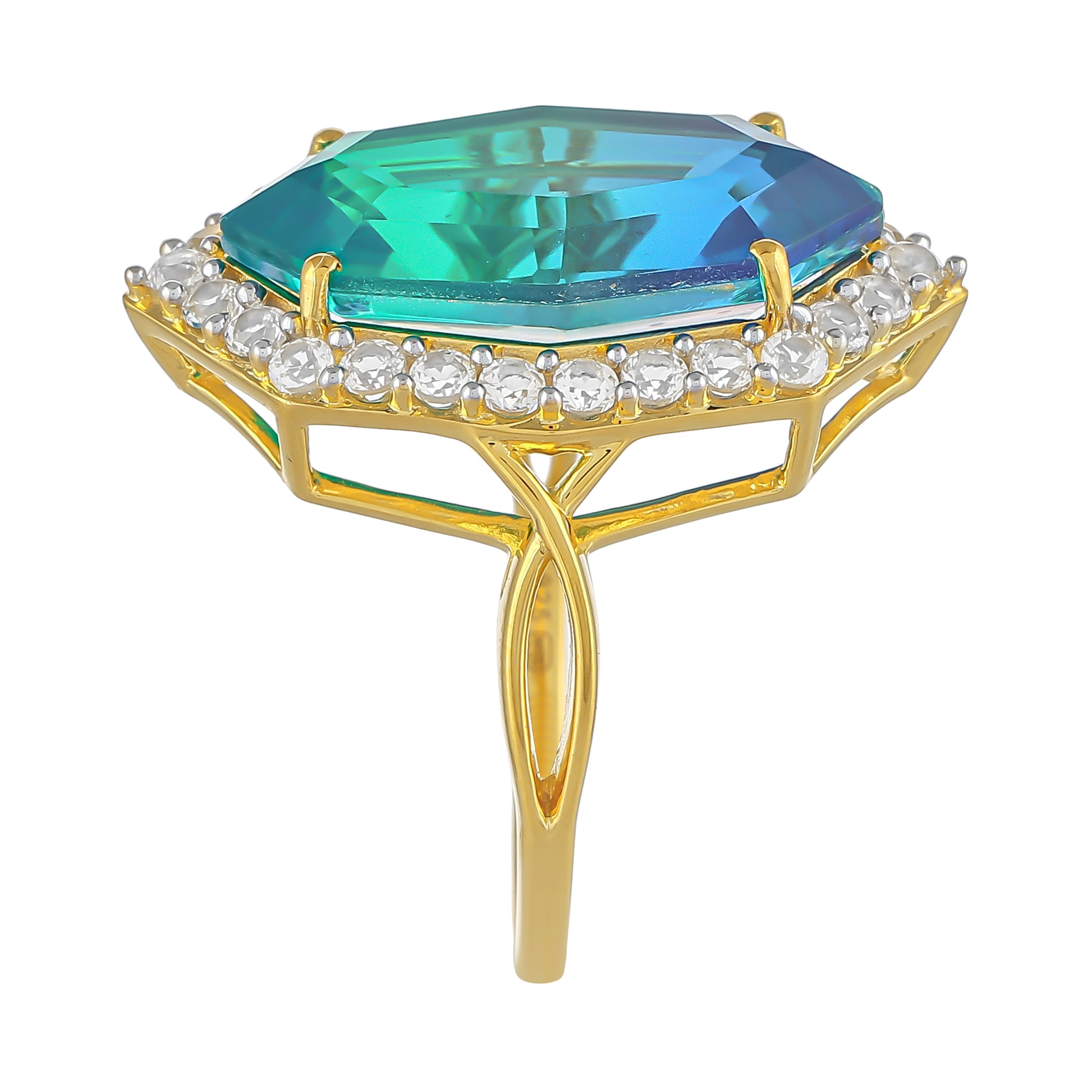 Goldplattierter Silberring mit Pfauenquarz und weißem Topas 3 