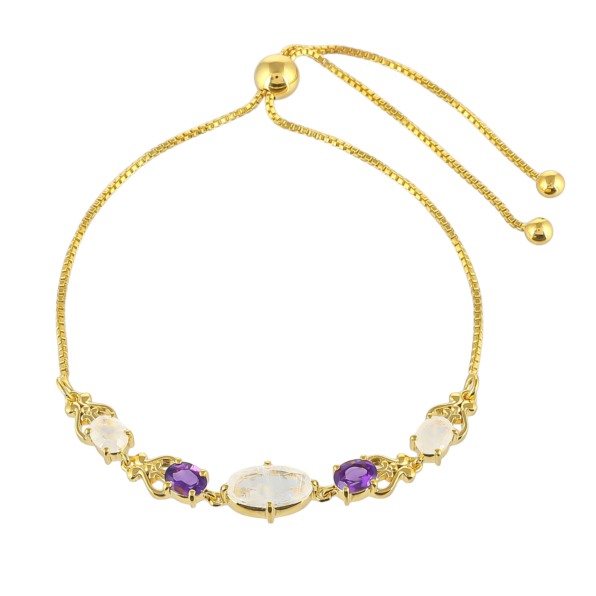 Goldplattiertes Silberarmband mit Regenbogenmondstein und brasilianischem Amethyst 1 
