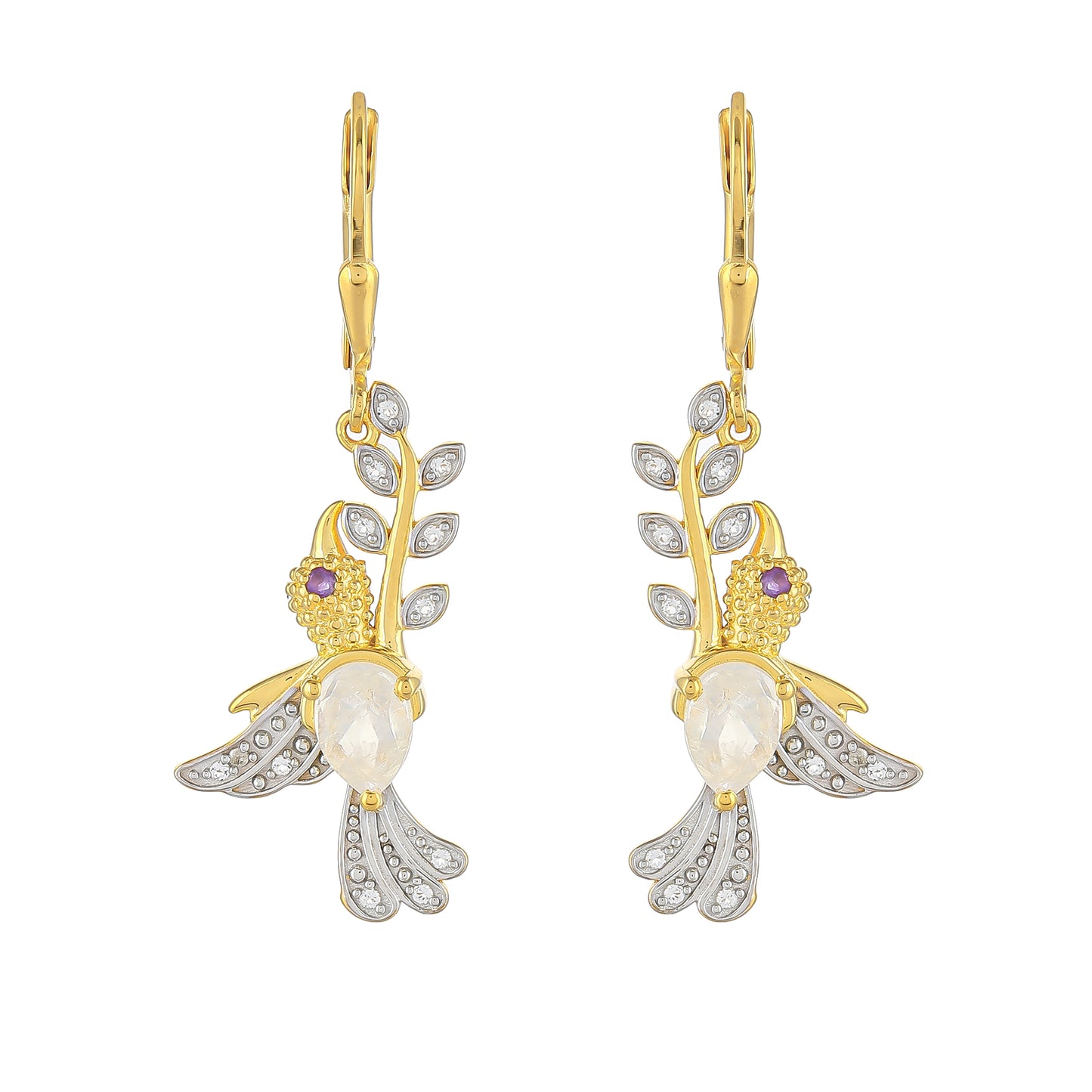 Goldplattierte Silberohrringe mit Regenbogenmondstein und brasilianischem Amethyst