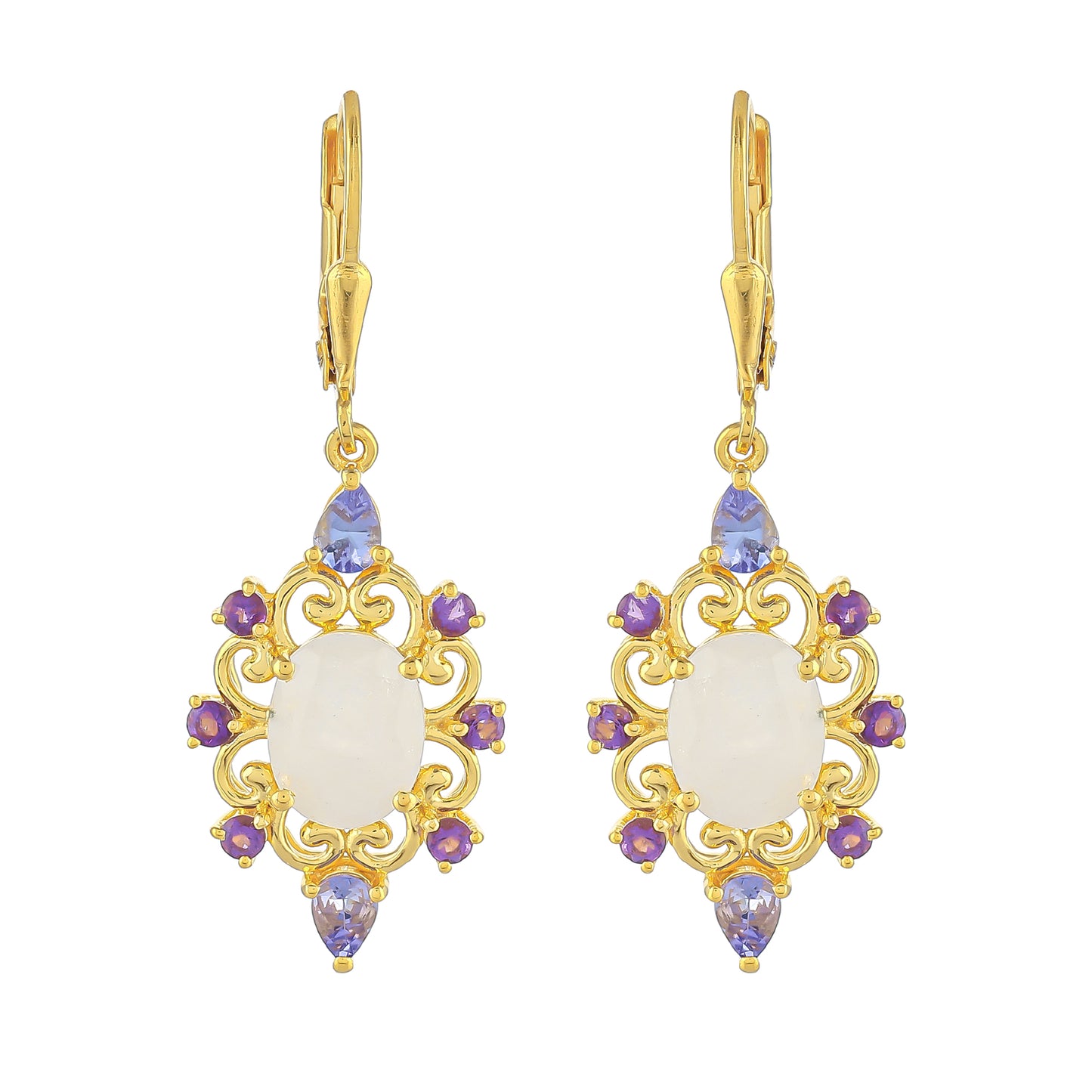 Goldplattierte Silberohrringe mit Regenbogenmondstein und Tansanit