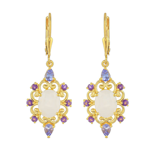 Goldplattierte Silberohrringe mit Regenbogenmondstein und Tansanit