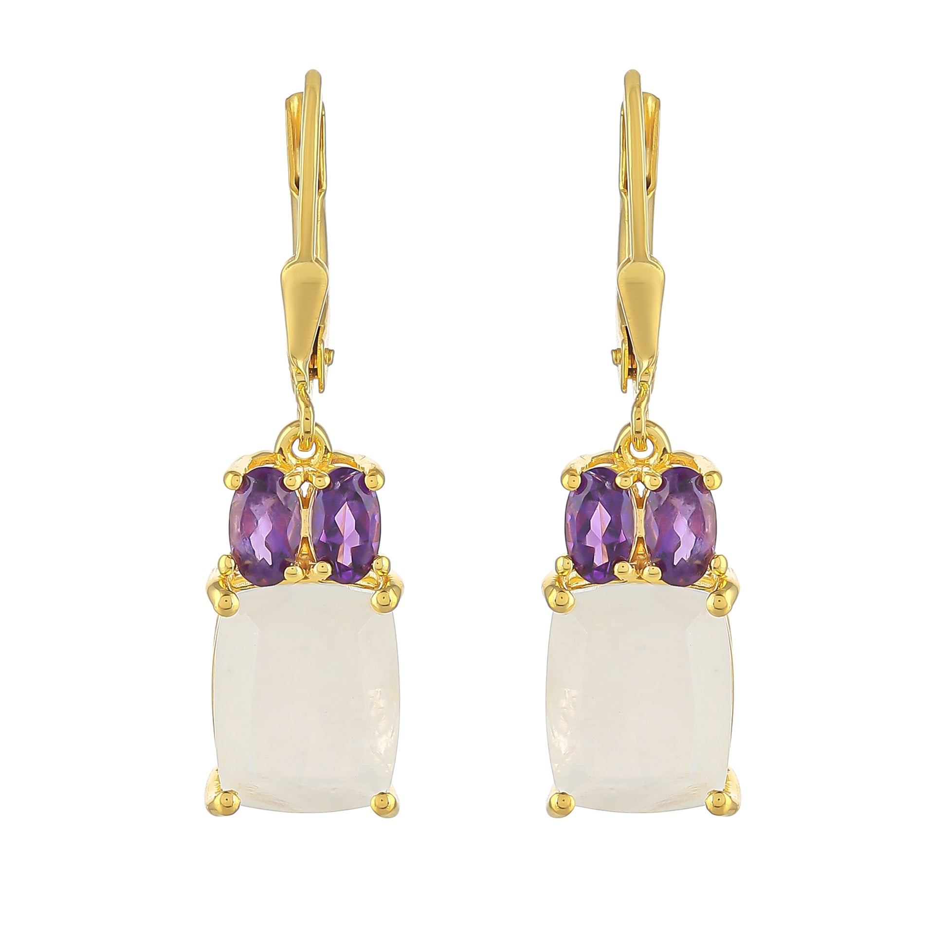 Goldplattierte Silberohrringe mit Regenbogenmondstein und brasilianischem Amethyst 1 