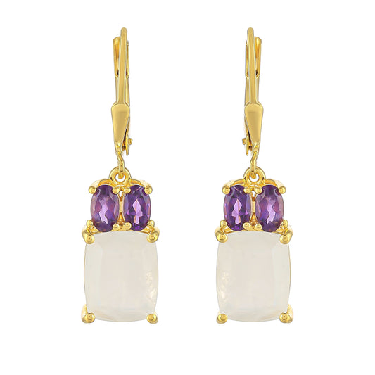 Goldplattierte Silberohrringe mit Regenbogenmondstein und brasilianischem Amethyst