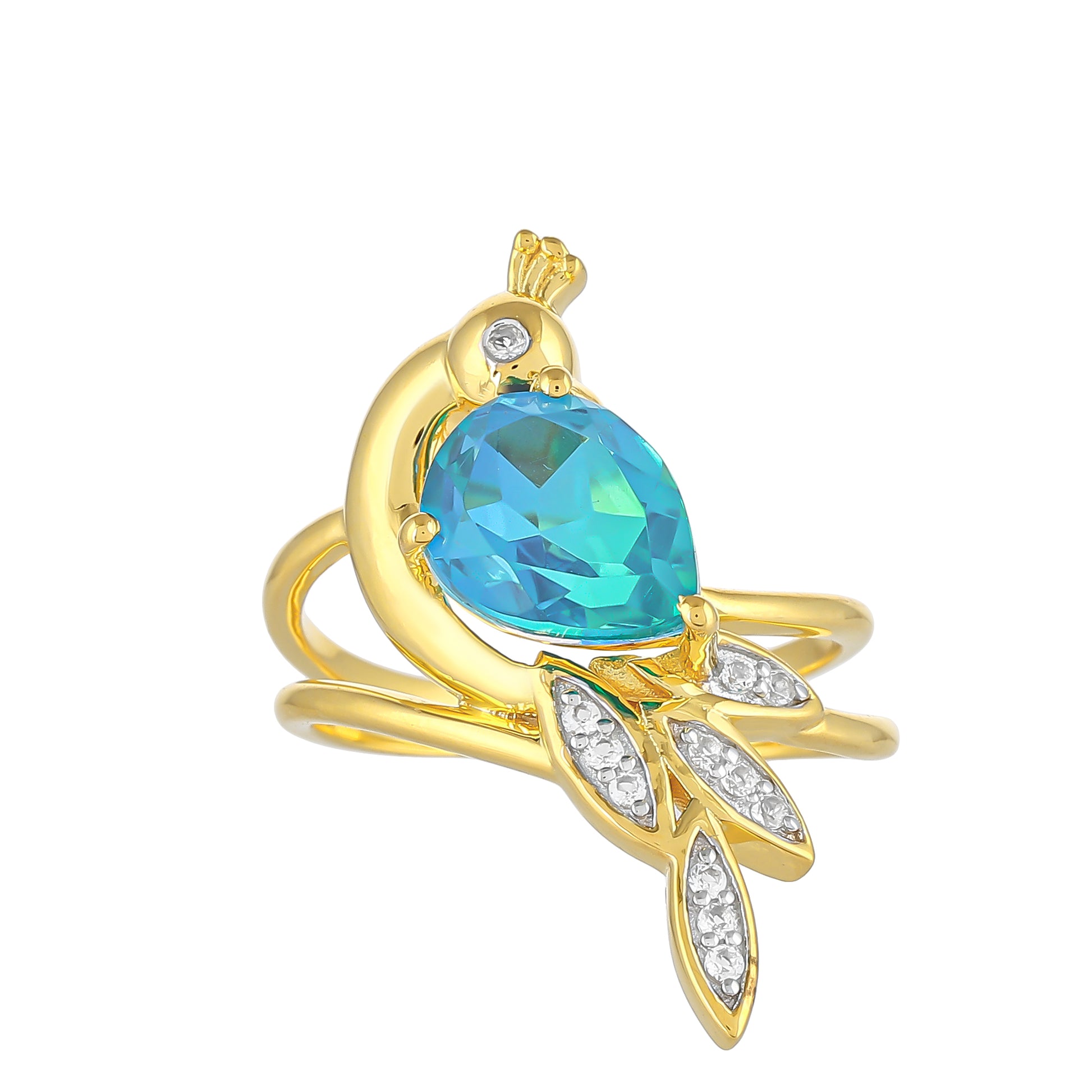 Goldplattierter Silberring mit Pfauenquarz und weißem Topas 1 