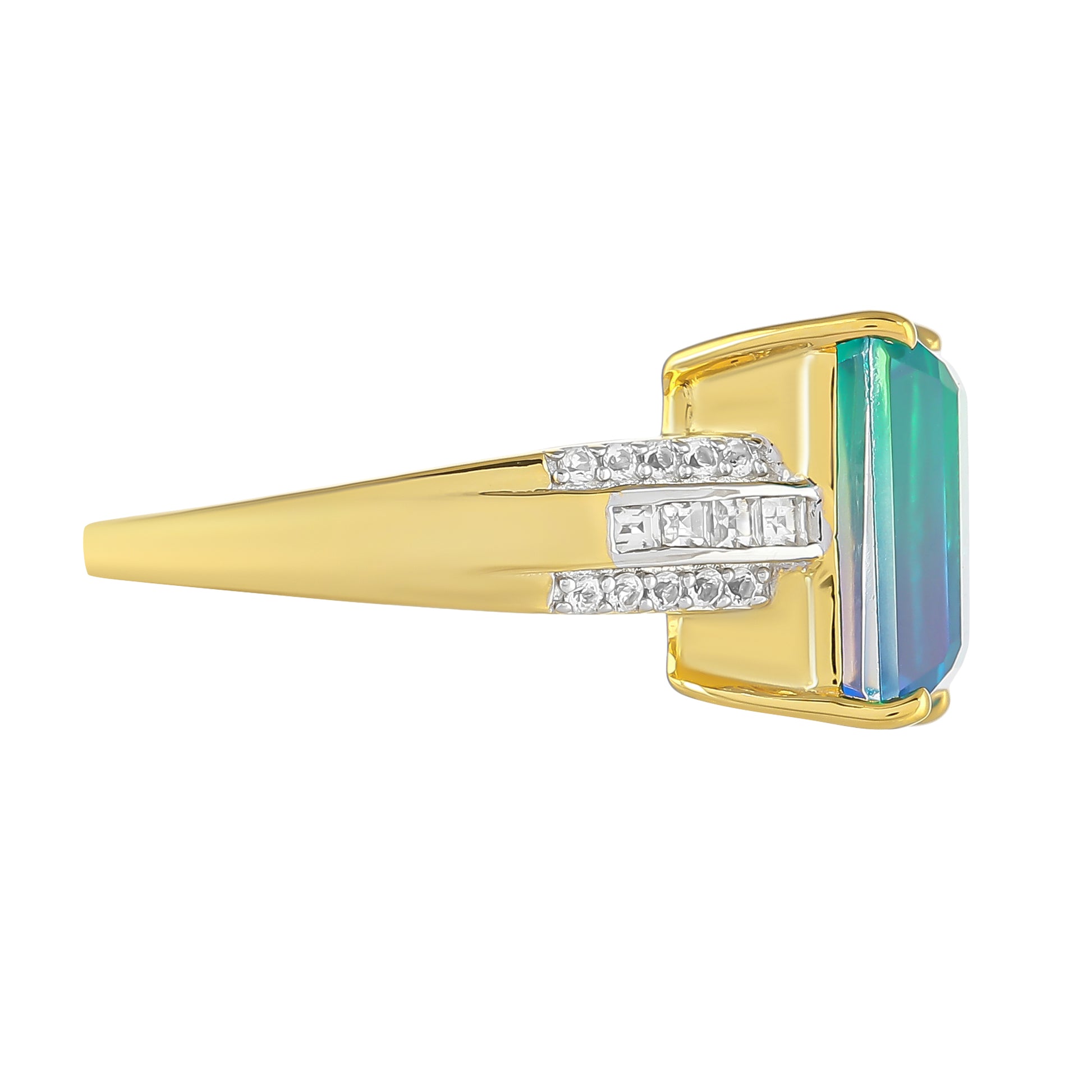 Goldplattierter Silberring mit Pfauenquarz und weißem Topas 2 