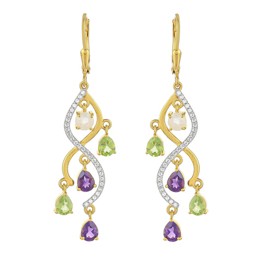 Goldplattierte Silberohrringe mit Regenbogenmondstein und brasilianischem Amethyst