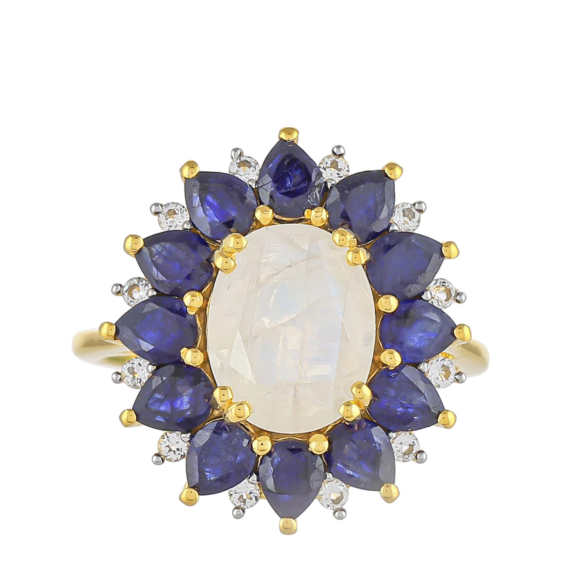 Goldplattierter Silberring mit Regenbogenmondstein und Thai Saphir 1 