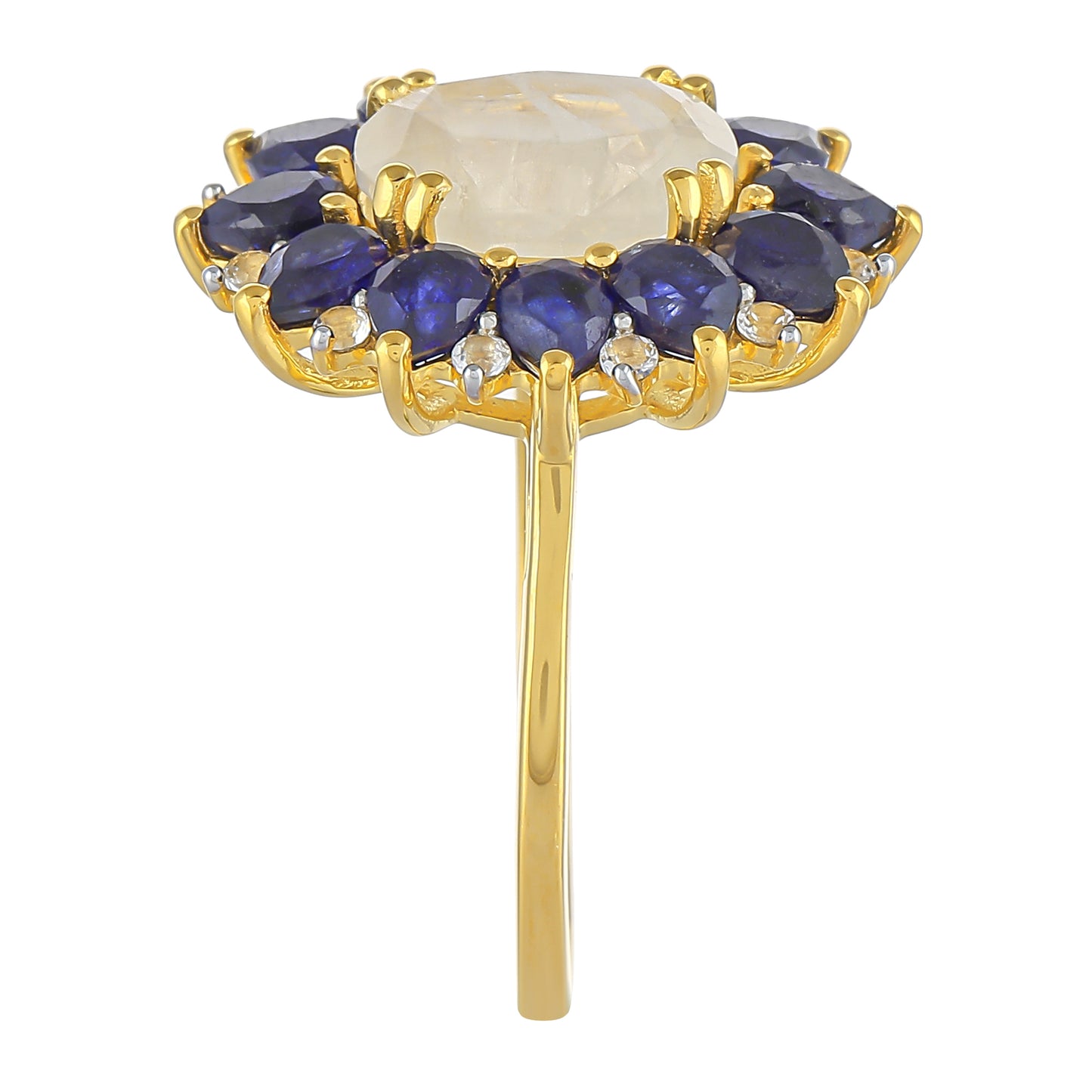 Goldplattierter Silberring mit Regenbogenmondstein und Thai Saphir