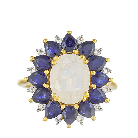 Goldplattierter Silberring mit Regenbogenmondstein und Thai Saphir