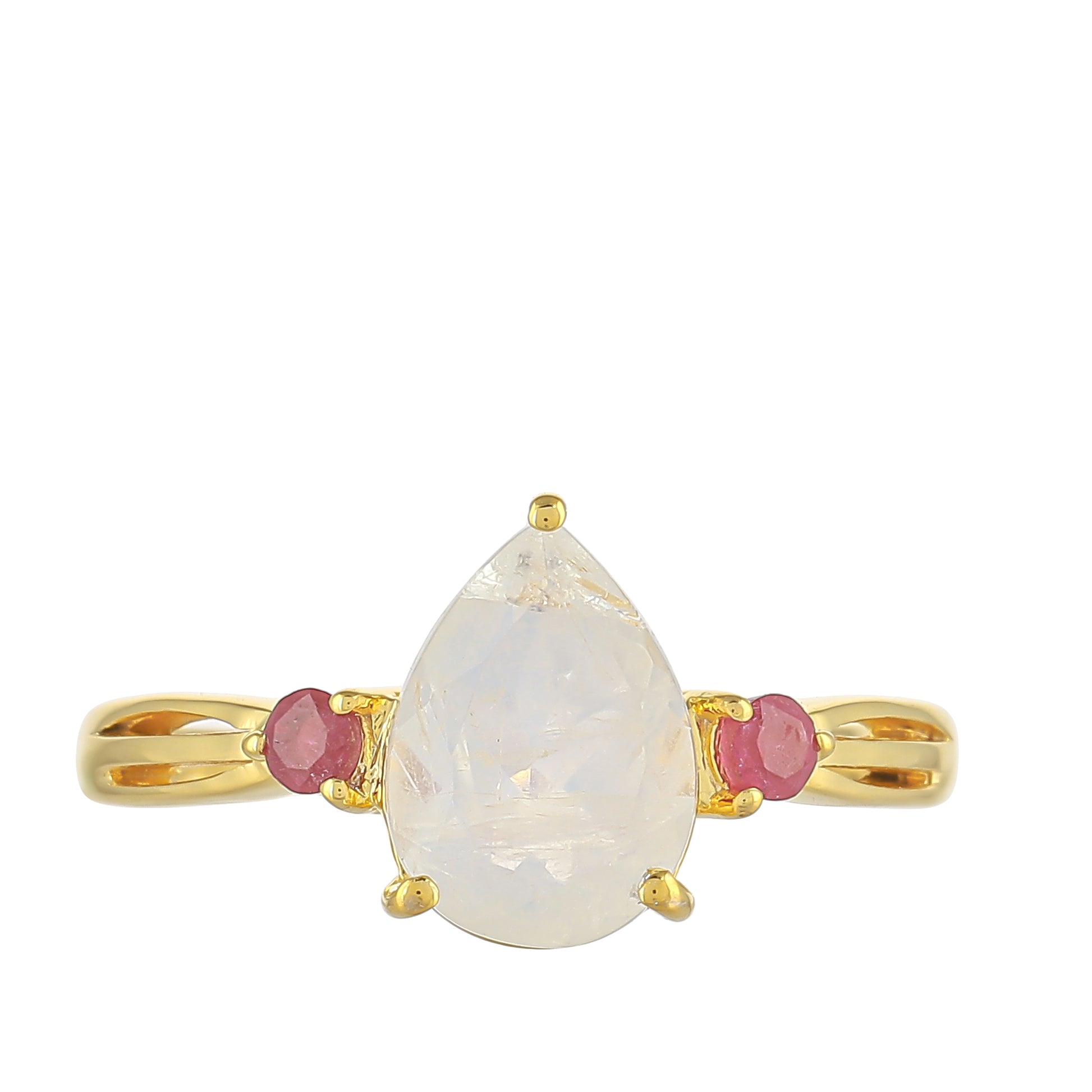 Goldplattierter Silberring mit Regenbogenmondstein und Thai Rubin 1 