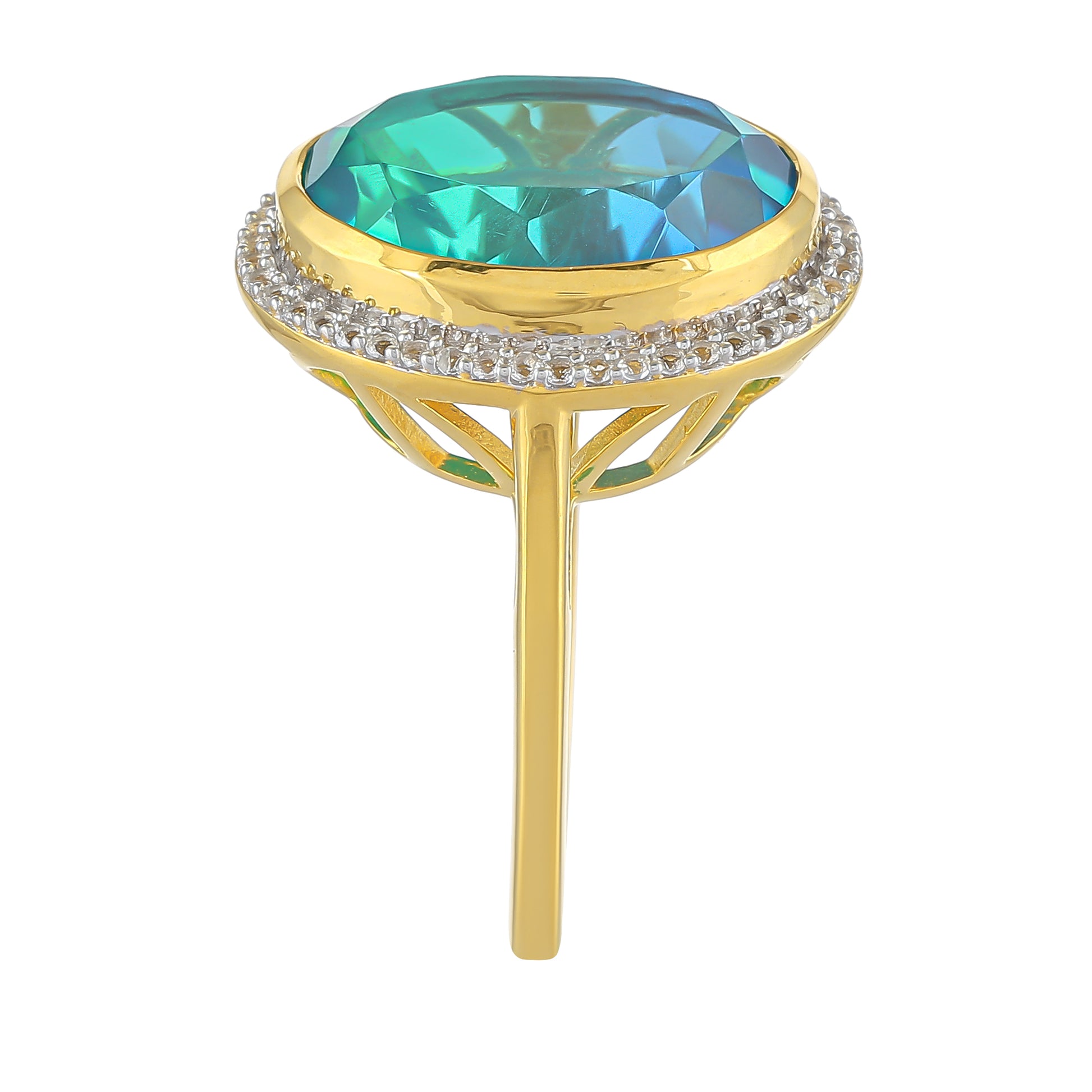 Goldplattierter Silberring mit Pfauenquarz und weißem Topas 3 