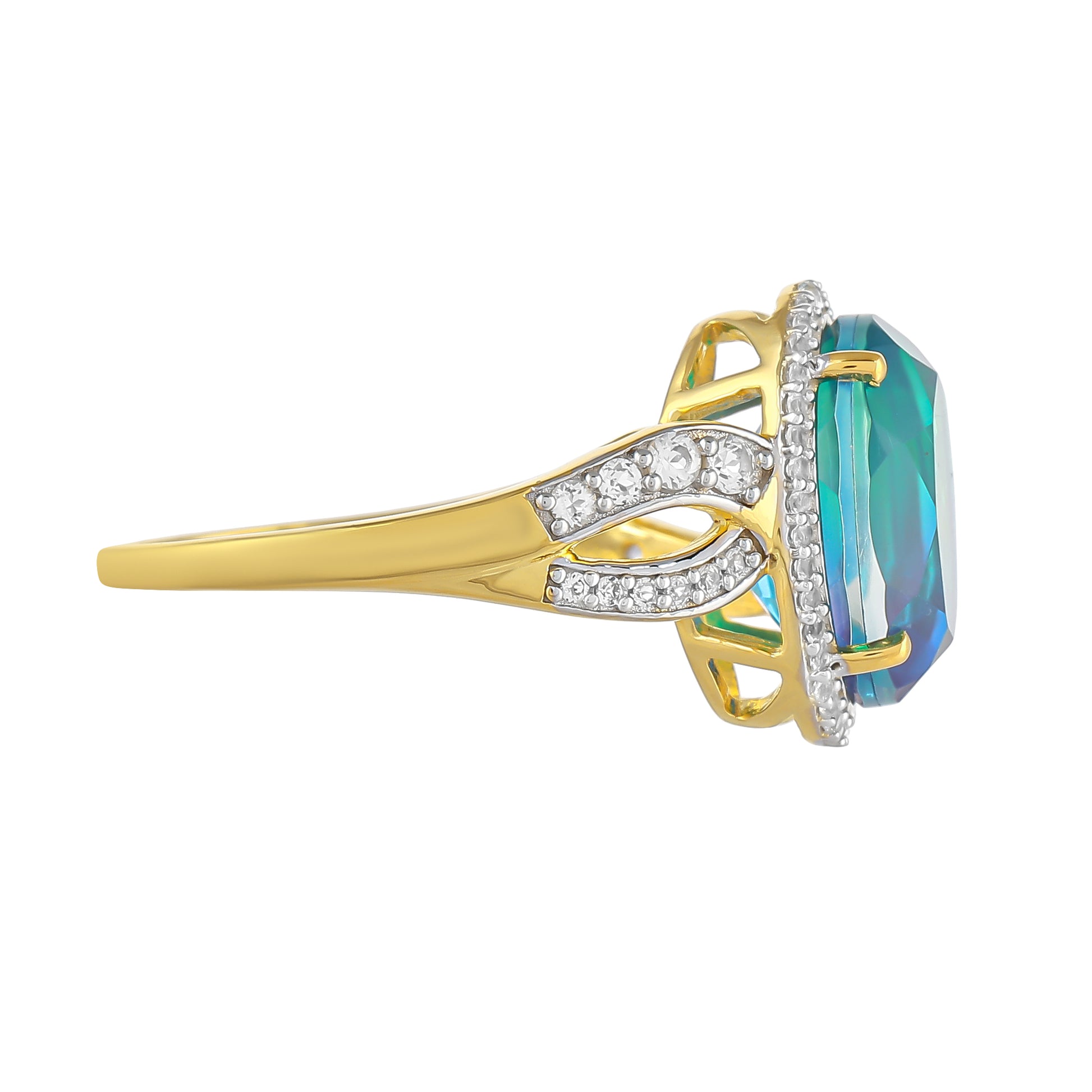Goldplattierter Silberring mit Pfauenquarz und weißem Topas 2 