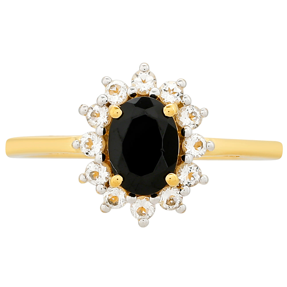 Goldplattierter Silberring mit schwarzem Turmalin und weißem Topas