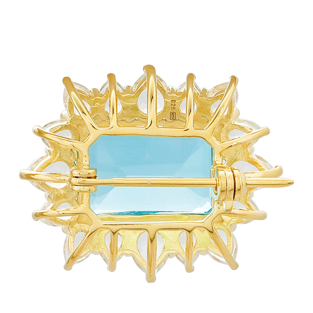 Goldplattierte Silberbrosche mit Paraiba Quarz und weißem Topas 2 