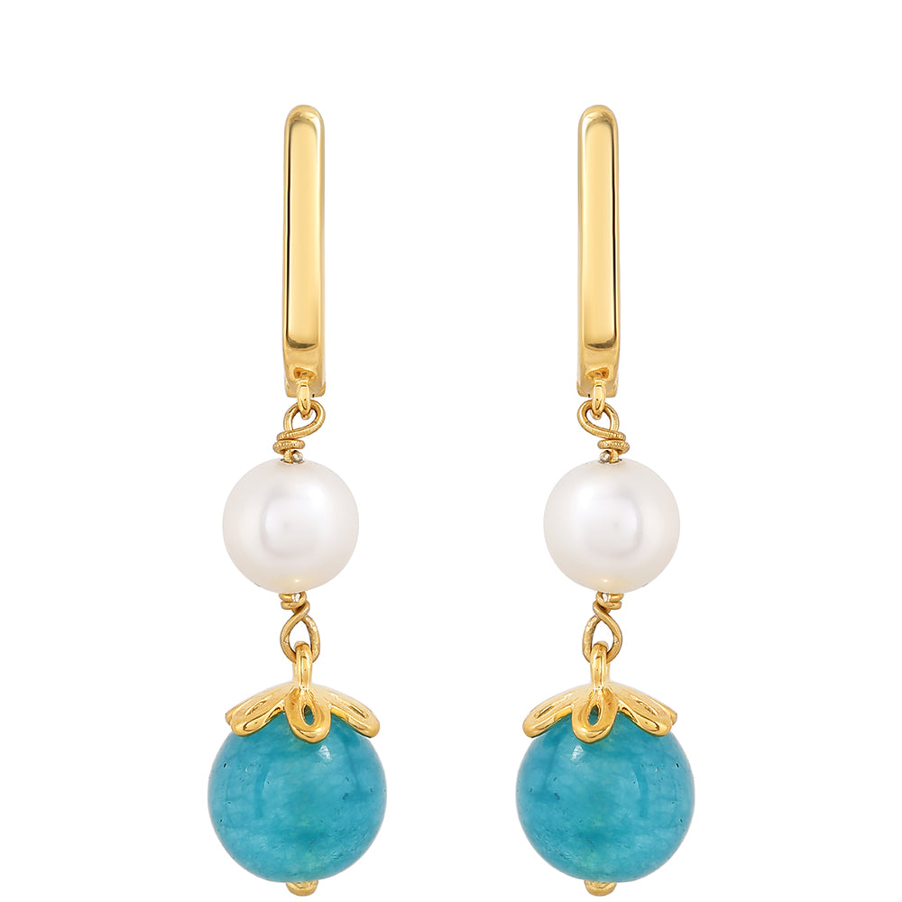 Goldplattierte Silberohrringe mit Paraiba Quarz und weißer Süßwasserperle